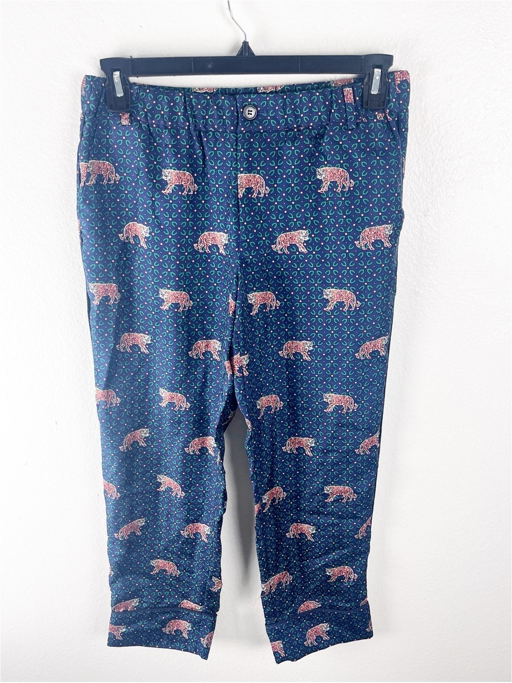 J. CREW 100% Silk Navy Tiger Print Pockets Elastic Waist Pants Slacks Size 6